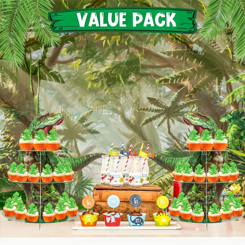 Bacuthy 2 Pack Cupcake Stand Dinosaur Birthday Party Decorations Favors  Dinosaur Cup Cake Toppers Towers Three Rex Baby Shower Supplies For Boy&Girl - Image 2