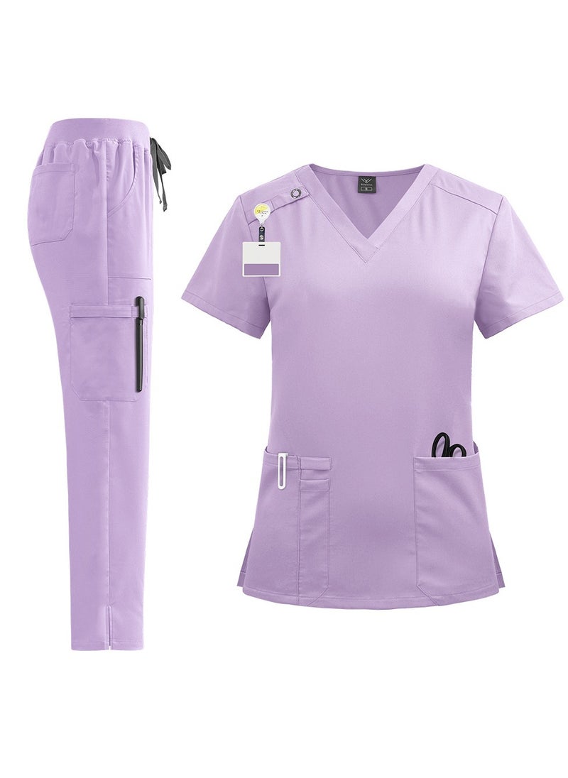 Loquat Unisex Medical Uniform Scrubs 2 Piece Set V-Neck Top and Elastic Waist Pants Suit Purple  - Image 1