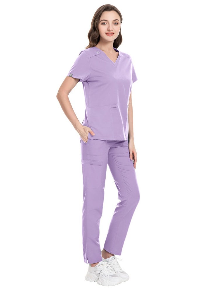 Loquat Unisex Medical Uniform Scrubs 2 Piece Set V-Neck Top and Elastic Waist Pants Suit Purple  - Image 2