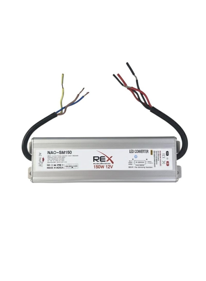 ركس محول / محوّل طاقة LED احترافي 150 واط، 12 فولت تيار مستمر (DC) | مقاوم للماء (IP68) | عاكس للضوء | محول إضاءة عالي الأداء للمشاريع الداخلية والخارجية NAO-SM150