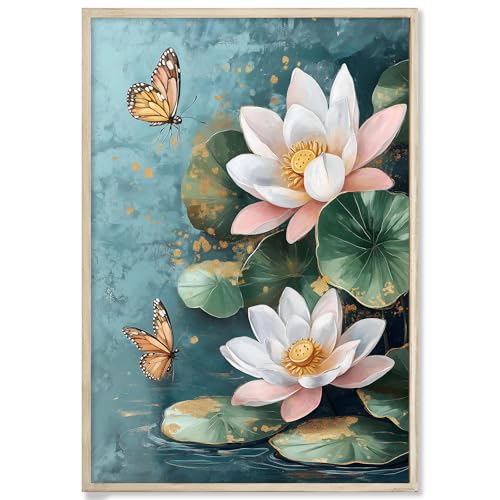 Wallvelart Abstract Lotus Canvas Wall Art Pink And White Flower Painting Zen Poster Abstract Floral Artwork Modern Botanical Prints Flower Picture Lotus Leaf Painting Zen Floral Wall Art Room 16x24inch No Frame - Image 1