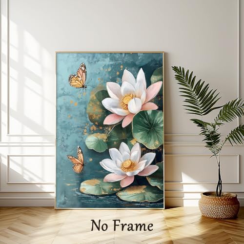 Wallvelart Abstract Lotus Canvas Wall Art Pink And White Flower Painting Zen Poster Abstract Floral Artwork Modern Botanical Prints Flower Picture Lotus Leaf Painting Zen Floral Wall Art Room 16x24inch No Frame - Image 2