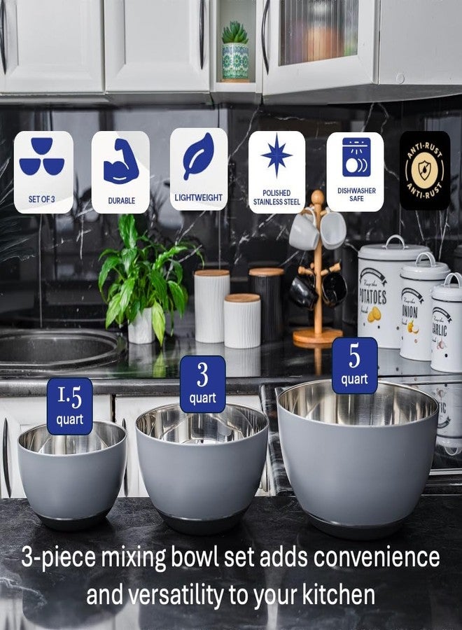 WHYSKO® Stainless Steel Mixing Bowls (Set of 3) with Non-Slip Silicone Base for Kitchen, Dishwasher Safe Bowls for Meal Prep, Cooking, Baking, Serving, Food Storage (Grey) - Image 2