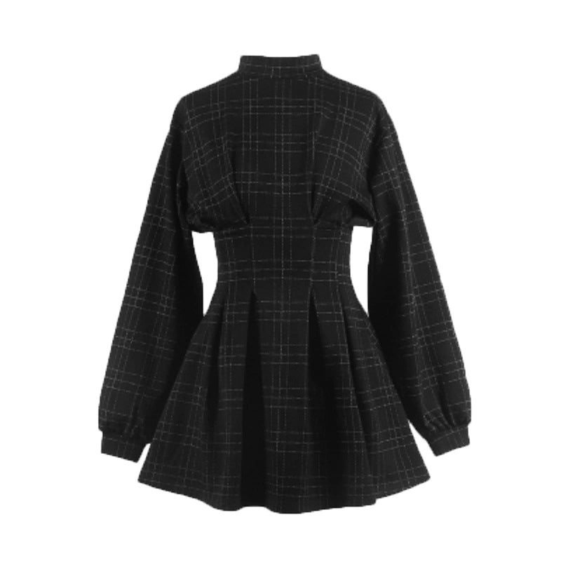 PEXIZUAN Goth Long Sleeve Dress Gothic Harajuku Vintage Plaid Wrap Balck Mini Dress Retro Pleated Punk Long Sleeve Dark Emo(Gray Grid,XL) - Image 1