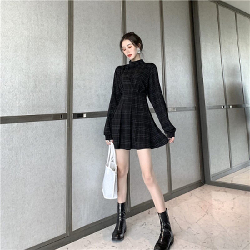 PEXIZUAN Goth Long Sleeve Dress Gothic Harajuku Vintage Plaid Wrap Balck Mini Dress Retro Pleated Punk Long Sleeve Dark Emo(Gray Grid,XL) - Image 2