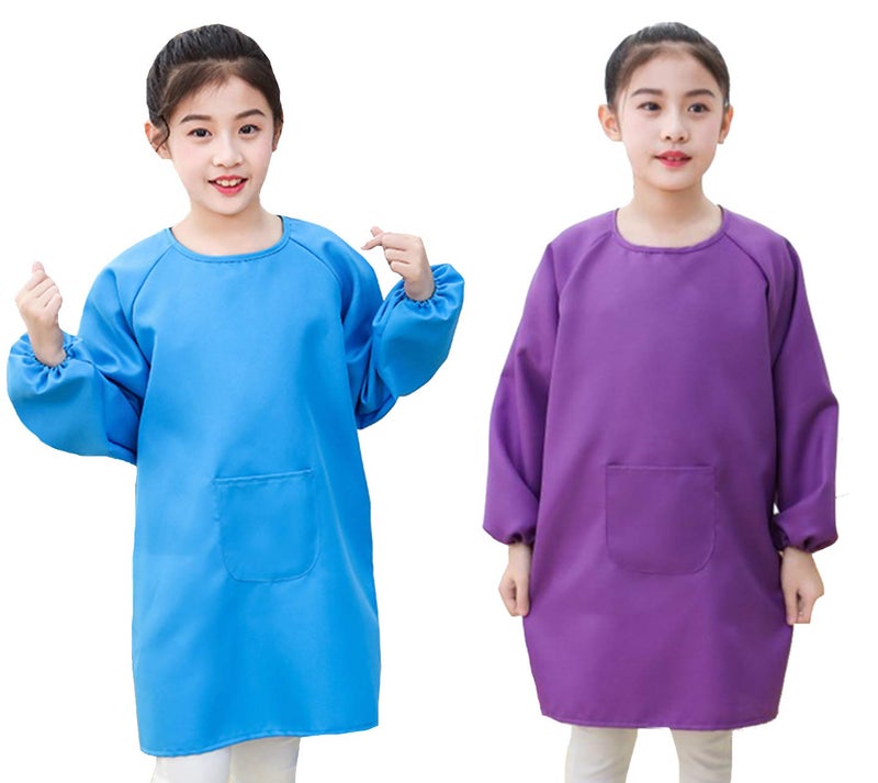 Lauthen.S 2 Pack Kids Art Smocks,Artist Painting Aprons Long Sleeve with Pocket for Toddler 8-12 Years(Blue/Purple) - Image 1