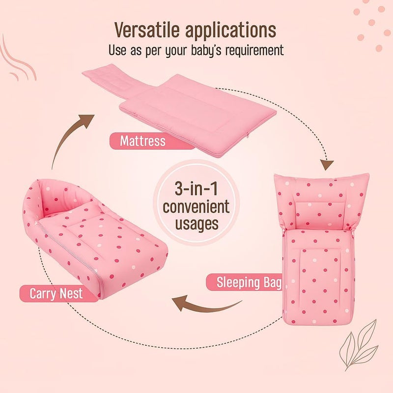DADDY - G DADDY G 3-in-1 Baby Bed & Sleeping Bag for Newborn | Portable Cotton Baby Bedding Set | Unisex Carry Nest & Baby Holder for New Born | Soft & Lightweight Infant Sleep Bag (Pink Dot) - Image 3