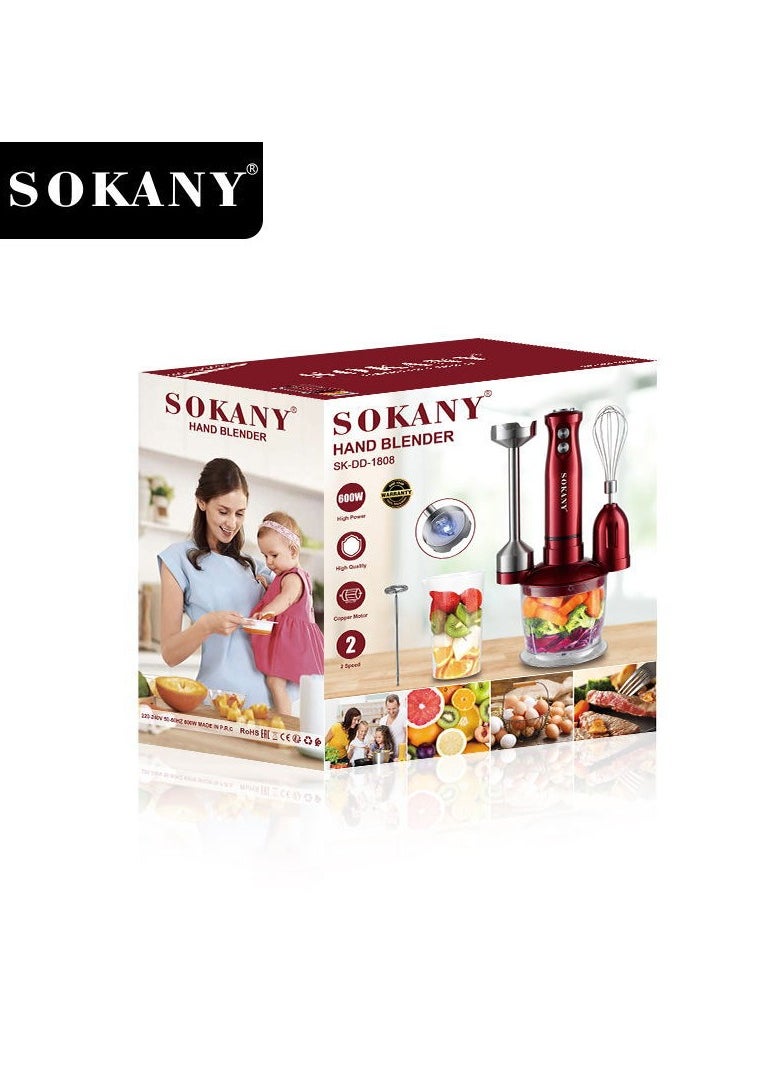 sokany Immersion Food Processor with Two Speed Adjustable 600 Watt 5-in-1 Titanium Steel Blades Ergonomic handle with Chopper, Whisk, 500ml Mixing Beaker, Detachable Electric Stick Blender Set, SK-DD-1808 (Red)  - Image 2