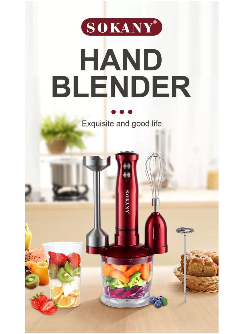 sokany Immersion Food Processor with Two Speed Adjustable 600 Watt 5-in-1 Titanium Steel Blades Ergonomic handle with Chopper, Whisk, 500ml Mixing Beaker, Detachable Electric Stick Blender Set, SK-DD-1808 (Red)  - Image 4