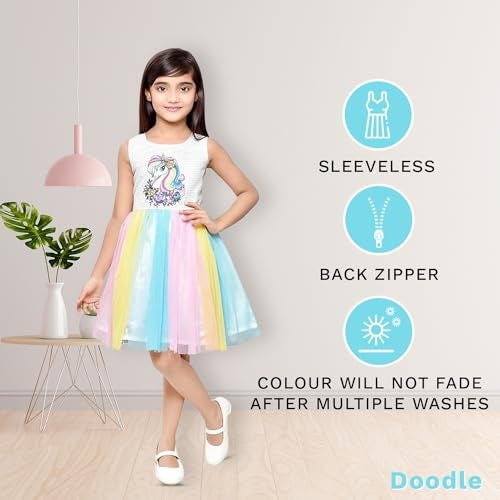 Doodle Unicorn Dress for Girls | Breathable Kids Frock & Dresses | Western Frocks with Waist Tie & Back Zip | Sleeveless & Knee Length (White with Rainbow Flare | 6-7 Years) - Image 3