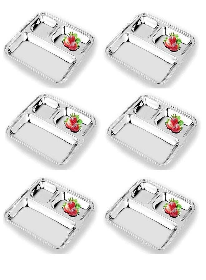 TGS 3 in 1 Stainless Steel Pav Bhaji Partition Plate/Compartment Plate/Mess Plate/Idli Vada Plate (6 Piece) - Image 1