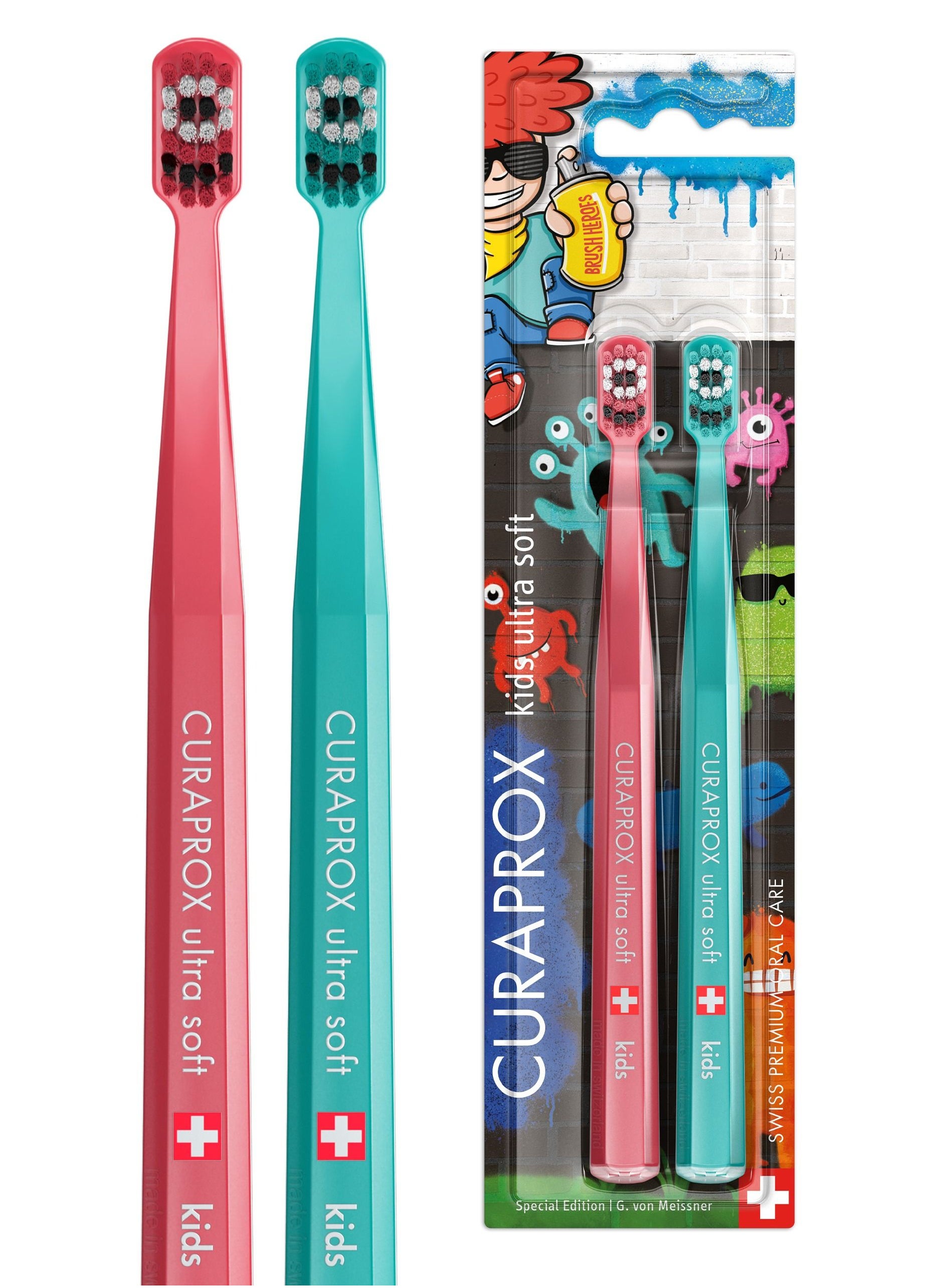 CURAPROX Curaprox Ultra Soft Kids Toothbrush Duo Graffiti Edition - Soft Toothbrush for children with 5500 CUREN® Bristles - Curaprox Manual Toothbrush 