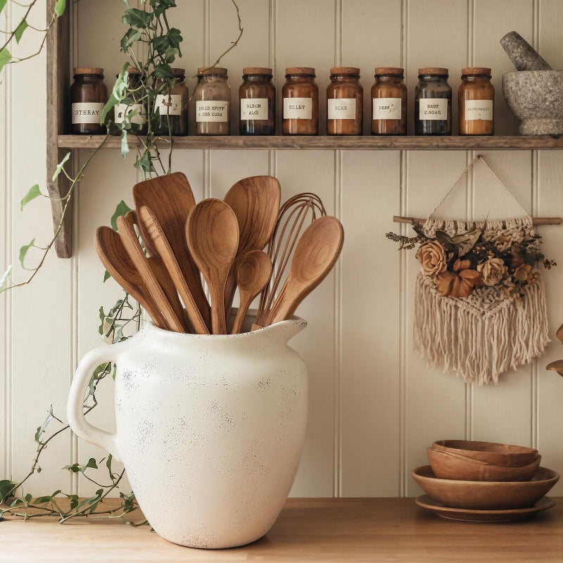 Potchen Rustic Kitchen Utensil Holder with Handle,7.48" H Ceramic Vintage Utensil Crock for Countertop, Farmhouse Kitchen Decoration Ceramic Pot for Spatulas Spoons Tongs(Novelty,Antique Cream) - Image 2