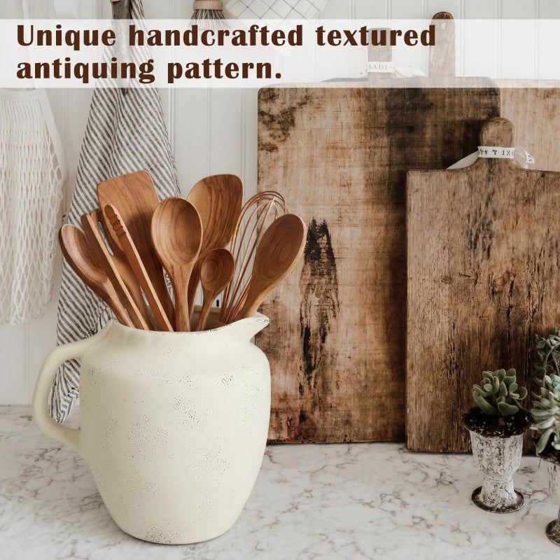 Potchen Rustic Kitchen Utensil Holder with Handle,7.48" H Ceramic Vintage Utensil Crock for Countertop, Farmhouse Kitchen Decoration Ceramic Pot for Spatulas Spoons Tongs(Novelty,Antique Cream) - Image 4
