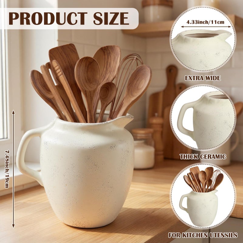 Potchen Rustic Kitchen Utensil Holder with Handle,7.48" H Ceramic Vintage Utensil Crock for Countertop, Farmhouse Kitchen Decoration Ceramic Pot for Spatulas Spoons Tongs(Novelty,Antique Cream) - Image 3
