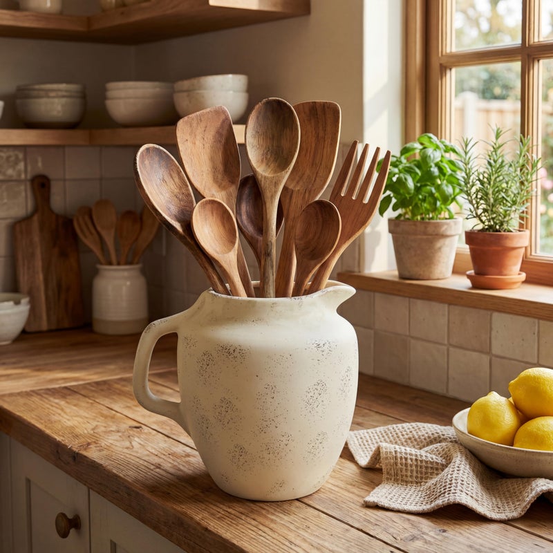 Potchen Rustic Kitchen Utensil Holder with Handle,7.48" H Ceramic Vintage Utensil Crock for Countertop, Farmhouse Kitchen Decoration Ceramic Pot for Spatulas Spoons Tongs(Novelty,Antique Cream) - Image 1