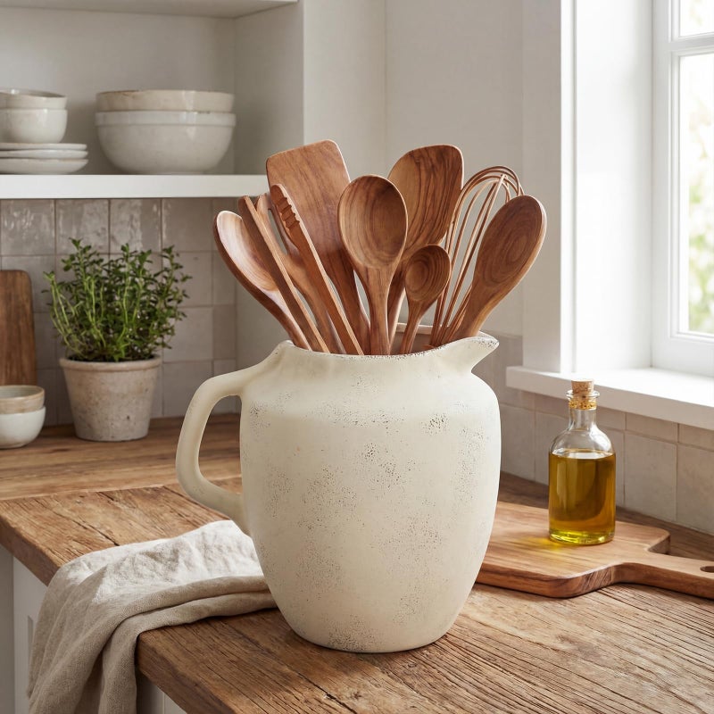 Potchen Rustic Kitchen Utensil Holder with Handle,7.48" H Ceramic Vintage Utensil Crock for Countertop, Farmhouse Kitchen Decoration Ceramic Pot for Spatulas Spoons Tongs(Novelty,Antique Cream) - Image 5