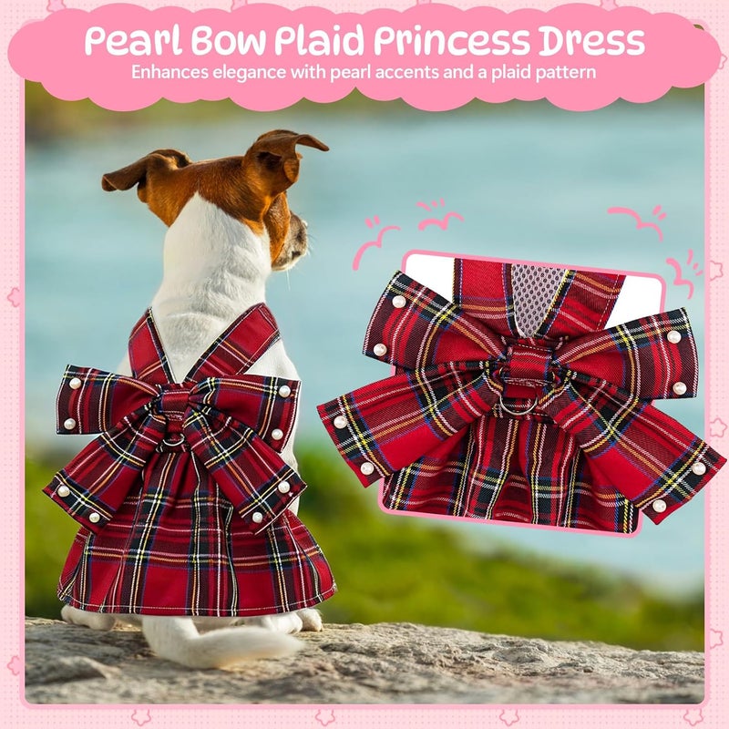 Coppthinktu Plaid Dog Dresses for Small Dogs Girl Bowknot Harness Leash Set, Cute Small Dog Dress Harness Dogs Cat Clothes Female with Pearl Bow Hair Clip, Summer Puppy Dress Birthday Yorkies Chihuahua Outfits - Image 5