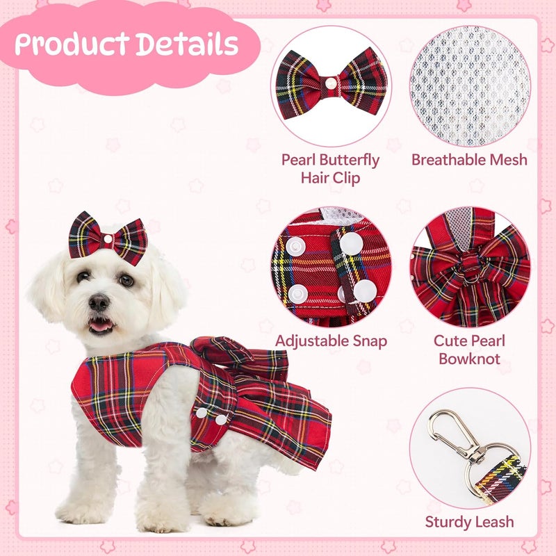 Coppthinktu Plaid Dog Dresses for Small Dogs Girl Bowknot Harness Leash Set, Cute Small Dog Dress Harness Dogs Cat Clothes Female with Pearl Bow Hair Clip, Summer Puppy Dress Birthday Yorkies Chihuahua Outfits - Image 4