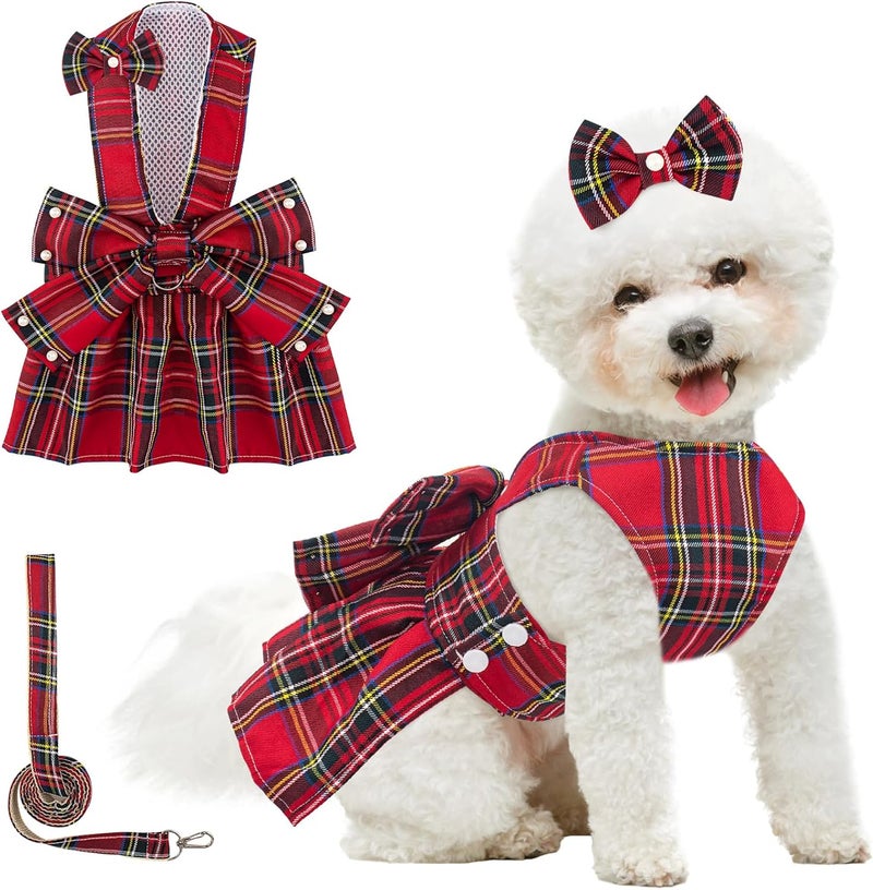 Coppthinktu Plaid Dog Dresses for Small Dogs Girl Bowknot Harness Leash Set, Cute Small Dog Dress Harness Dogs Cat Clothes Female with Pearl Bow Hair Clip, Summer Puppy Dress Birthday Yorkies Chihuahua Outfits - Image 1