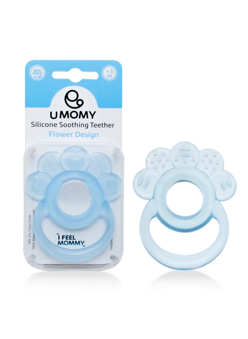 Umomy لعبة عضاضة سيليكون للأطفال الرضع 3+ أشهر، قفاز عضاضة سيليكون مضاد للسقوط لتخفيف آلام التسنين، ألعاب مضغ للأطفال لتلبية احتياجات المص، خالية من BPA، تصميم زهري، أزرق - Image 1