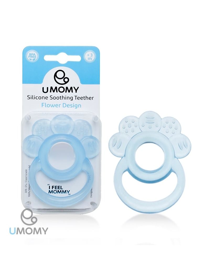 Umomy لعبة عضاضة سيليكون للأطفال الرضع 3+ أشهر، قفاز عضاضة سيليكون مضاد للسقوط لتخفيف آلام التسنين، ألعاب مضغ للأطفال لتلبية احتياجات المص، خالية من BPA، تصميم زهري، أزرق - Image 2