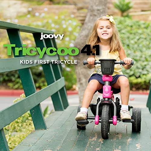 Joovy Tricycoo 4.1 Kids Tricycle with 4-Stages Featuring Extra-Wide Front Tire, Removable and Adjustable Parent Handle, Safety Harness, Machine-Washable Seat Pad, and Retractable Canopy (Pink) - Image 2