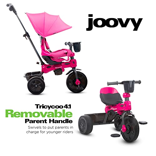 Joovy Tricycoo 4.1 Kids Tricycle with 4-Stages Featuring Extra-Wide Front Tire, Removable and Adjustable Parent Handle, Safety Harness, Machine-Washable Seat Pad, and Retractable Canopy (Pink) - Image 3