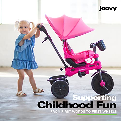 Joovy Tricycoo 4.1 Kids Tricycle with 4-Stages Featuring Extra-Wide Front Tire, Removable and Adjustable Parent Handle, Safety Harness, Machine-Washable Seat Pad, and Retractable Canopy (Pink) - Image 4