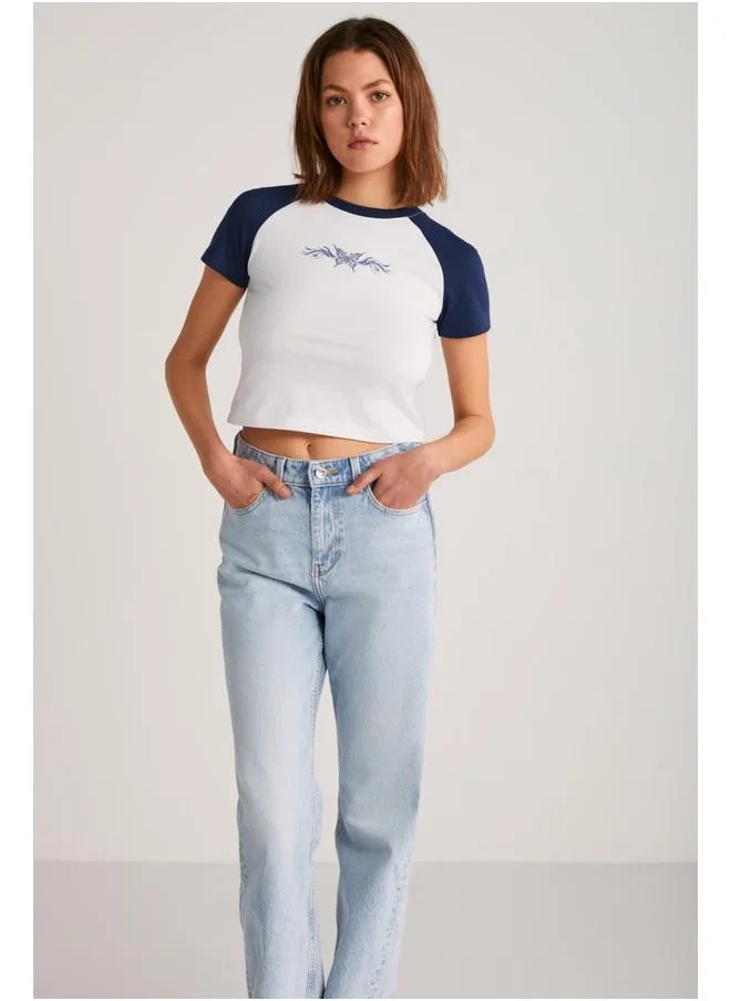 GRIMELANGE Grimelange Vane Women's Cotton Short Sleeve Printed Crop White/Navy T-Shirt