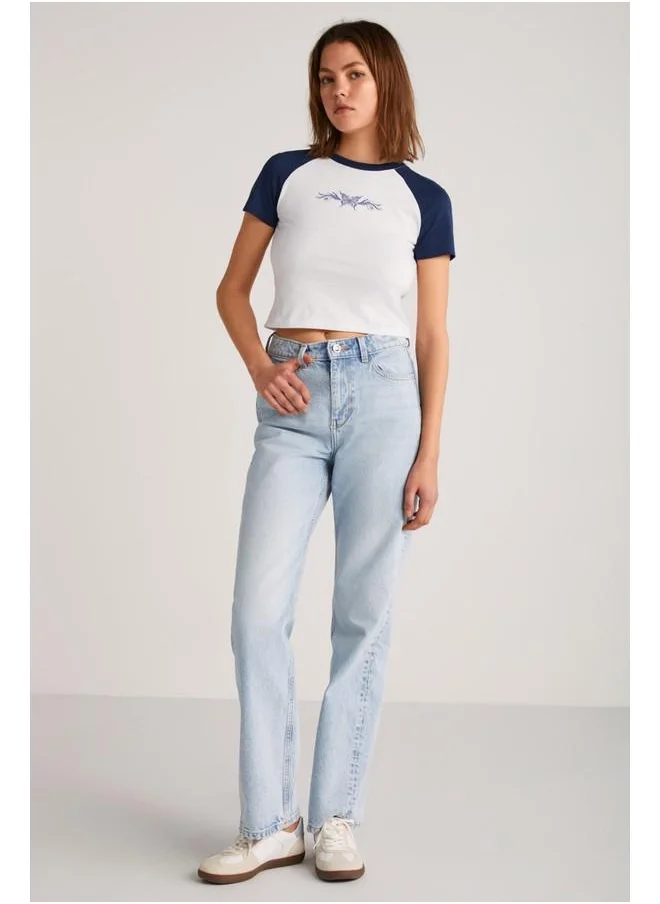 GRIMELANGE Grimelange Vane Women's Cotton Short Sleeve Printed Crop White/Navy T-Shirt