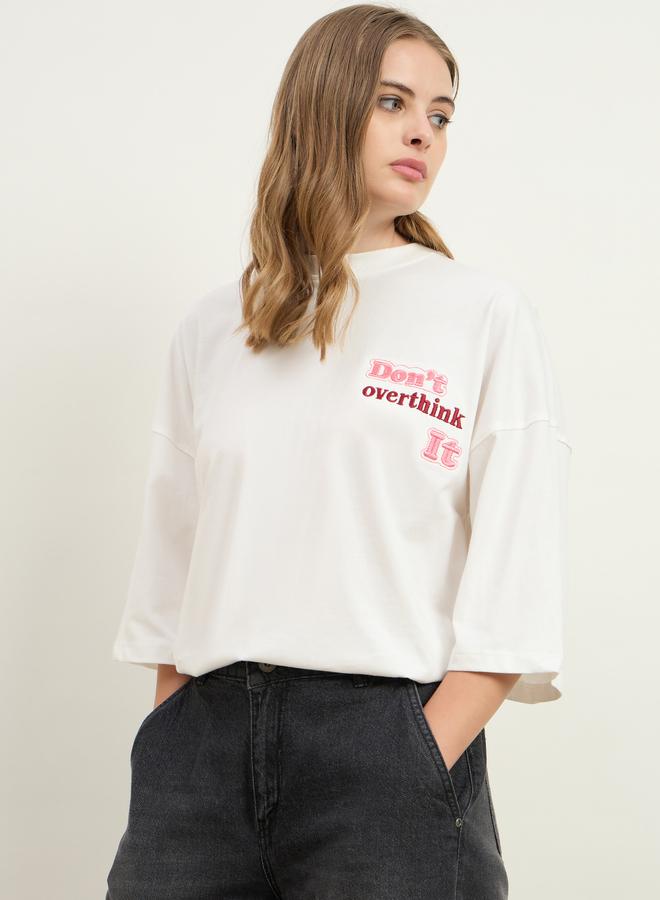 Styli Women Cream Slogan Embroidered Dropped Shoulder Oversized T-Shirt - Image 3