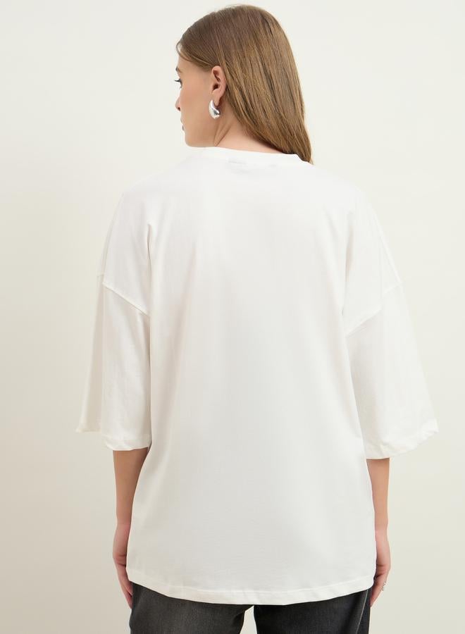 Styli Women Cream Slogan Embroidered Dropped Shoulder Oversized T-Shirt - Image 5