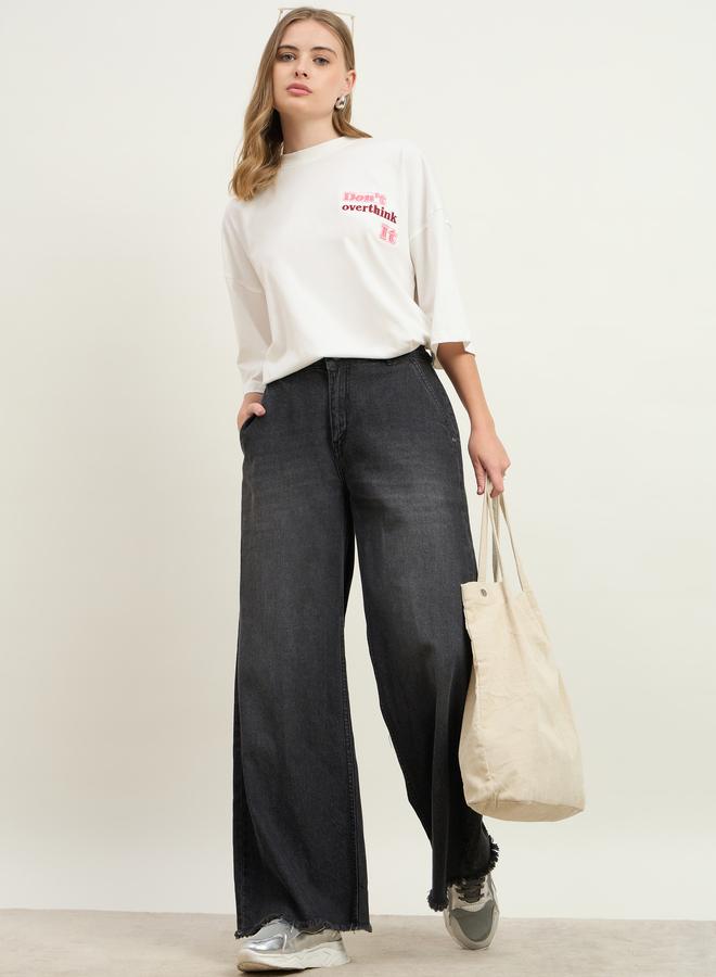 Styli Women Cream Slogan Embroidered Dropped Shoulder Oversized T-Shirt - Image 1