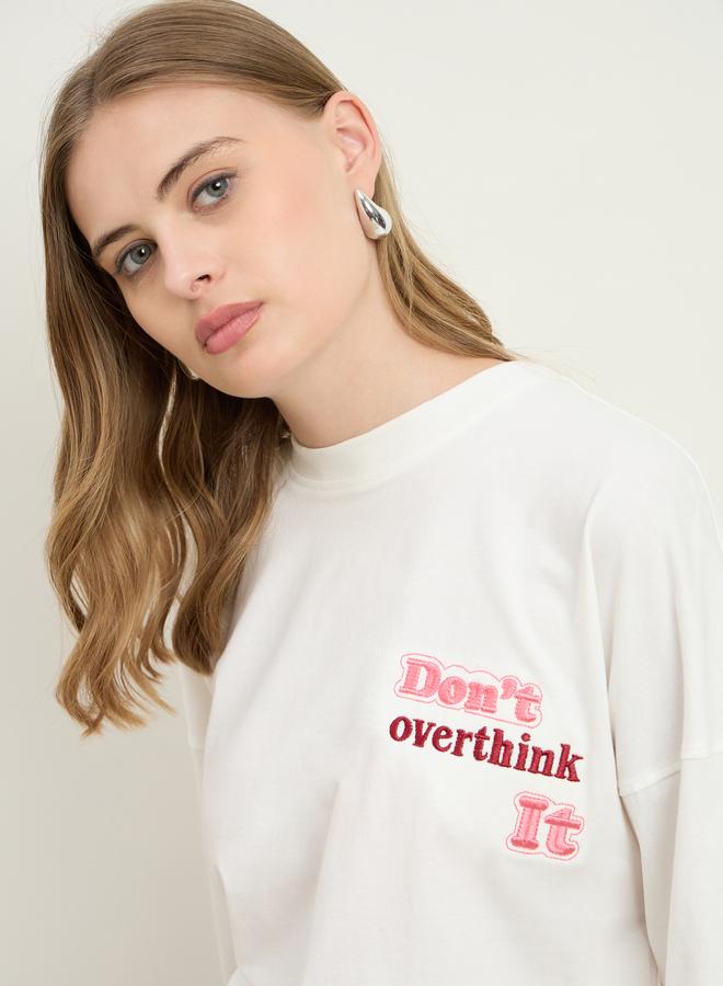 Styli Women Cream Slogan Embroidered Dropped Shoulder Oversized T-Shirt - Image 4