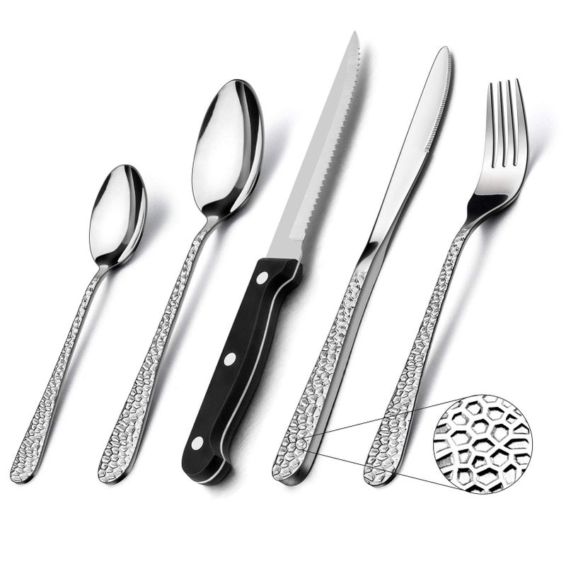 30 Piece Cutlery Sets with Steak Knives Homikit Stainless Steel Hammered Cutlery Flatware Set Service for 6 Elegant Dinnerware Set Include Forks Knives Spoons Mirror Finished  Dishwasher Safe