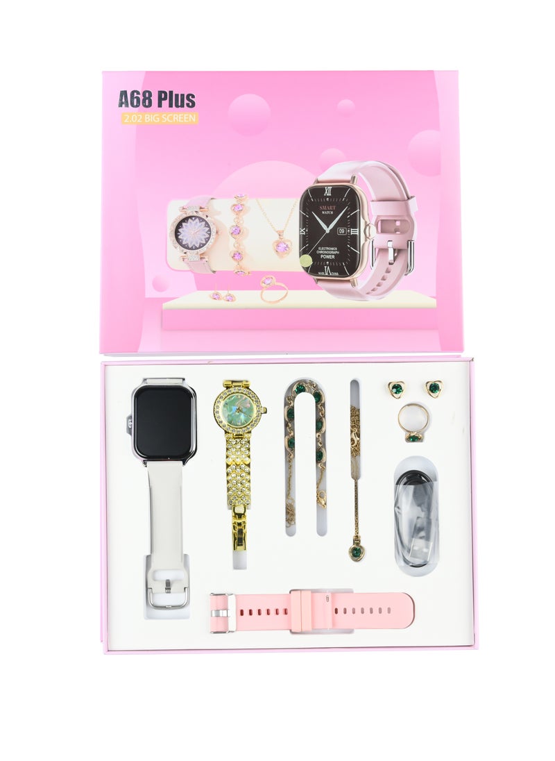 ULHYC - 7 in 1 Ultra Watch Series 9 Smart Watch for Women and Golden Mechanical Watch with Silicon Band and 1 Golden Bracelet and 1 Pendant and 1 pair of Stud Earrings and ring - Image 1