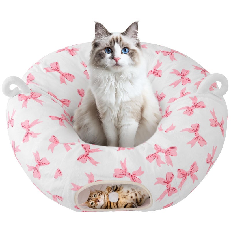Morikey Cat Tunnel with Cat Bed for Indoor Cats, Under Christmas Tree Cute Kitten Donut Tunnel with Washable Cushion, Peekaboo Cat Cave Toy for Kitten Puppy Rabbit, Pink Pattern - Image 1