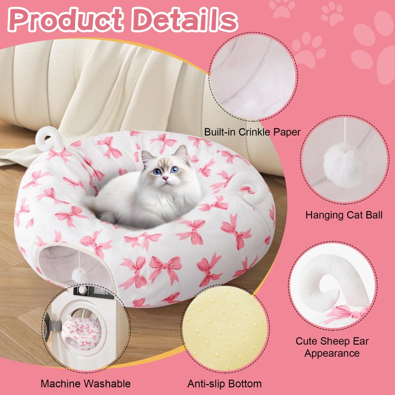 Morikey Cat Tunnel with Cat Bed for Indoor Cats, Under Christmas Tree Cute Kitten Donut Tunnel with Washable Cushion, Peekaboo Cat Cave Toy for Kitten Puppy Rabbit, Pink Pattern - Image 5