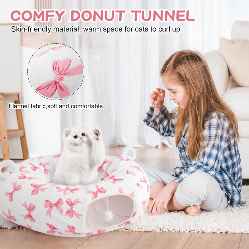 Morikey Cat Tunnel with Cat Bed for Indoor Cats, Under Christmas Tree Cute Kitten Donut Tunnel with Washable Cushion, Peekaboo Cat Cave Toy for Kitten Puppy Rabbit, Pink Pattern - Image 3