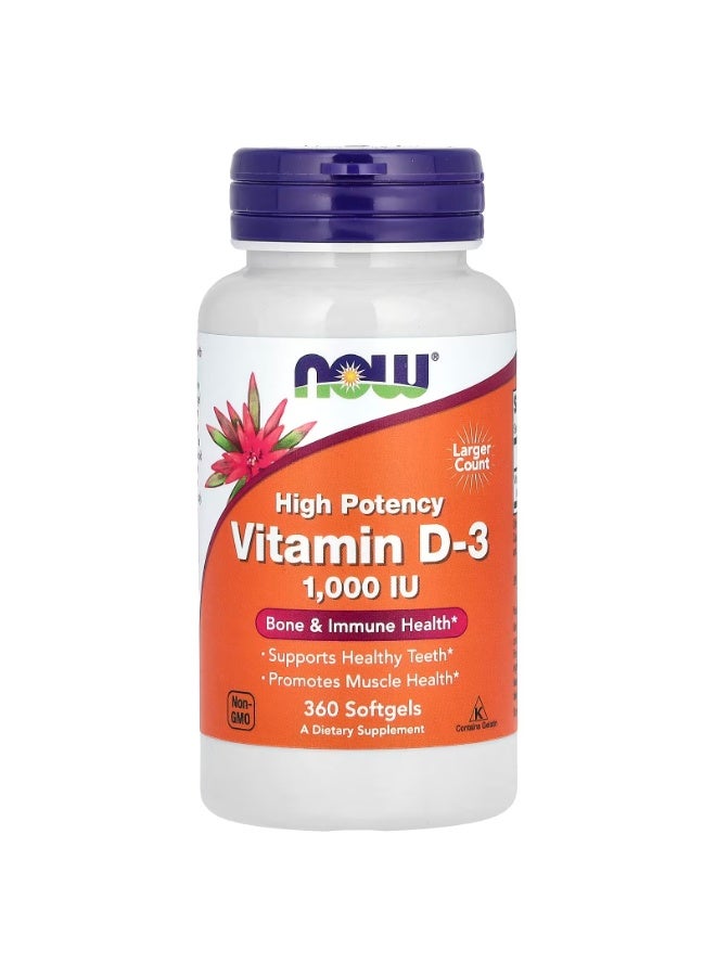 now Vitamin D-3, High Potency, 1,000 IU, 360 Softgels - Image 1