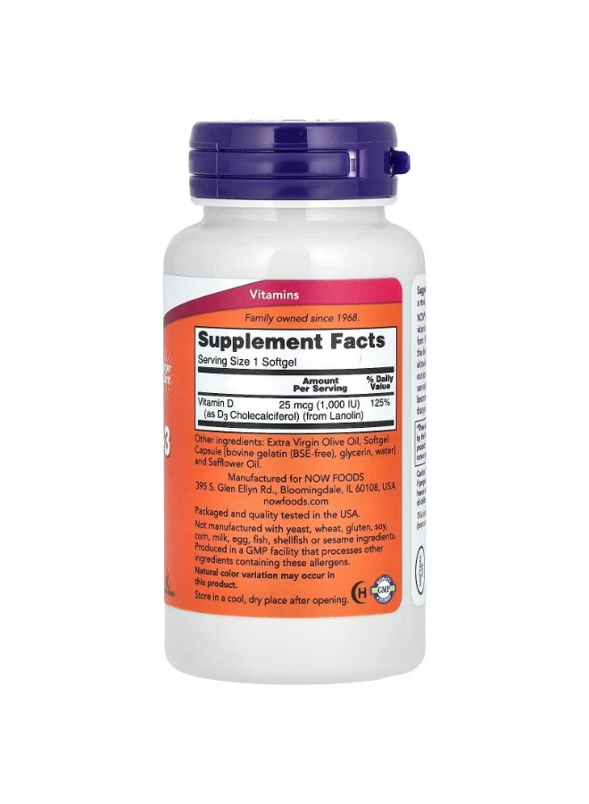 now Vitamin D-3, High Potency, 1,000 IU, 360 Softgels - Image 2