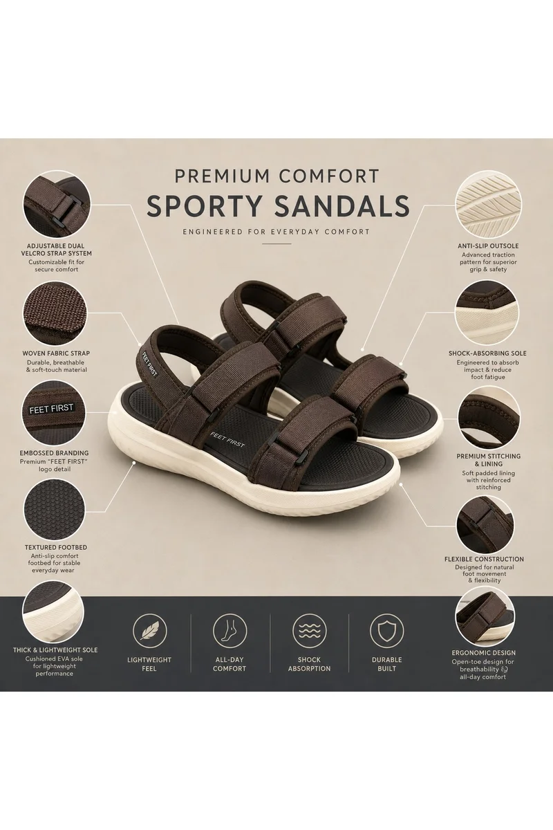 Feet First Men’s Sports Sandals with Adjustable Velcro Straps – Lightweight Comfort Outdoor Walking Sandals
