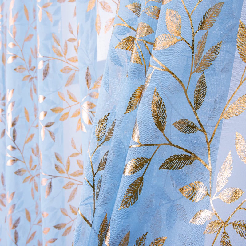 Deeprove Sheer Curtains 84 Inches Long 2 Panels Set  Gold Foil Print Metallic Vine Leaves Window Treatments for Bedroom  Bronzing Sparke Privacy Voile Drapes Pair  Rod Pocket  52"" W x 84"" L  Blue - Image 2