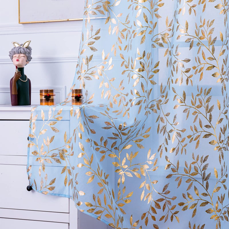 Deeprove Sheer Curtains 84 Inches Long 2 Panels Set  Gold Foil Print Metallic Vine Leaves Window Treatments for Bedroom  Bronzing Sparke Privacy Voile Drapes Pair  Rod Pocket  52"" W x 84"" L  Blue - Image 1