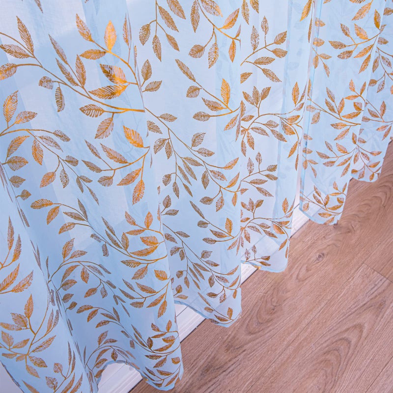 Deeprove Sheer Curtains 84 Inches Long 2 Panels Set  Gold Foil Print Metallic Vine Leaves Window Treatments for Bedroom  Bronzing Sparke Privacy Voile Drapes Pair  Rod Pocket  52"" W x 84"" L  Blue - Image 5