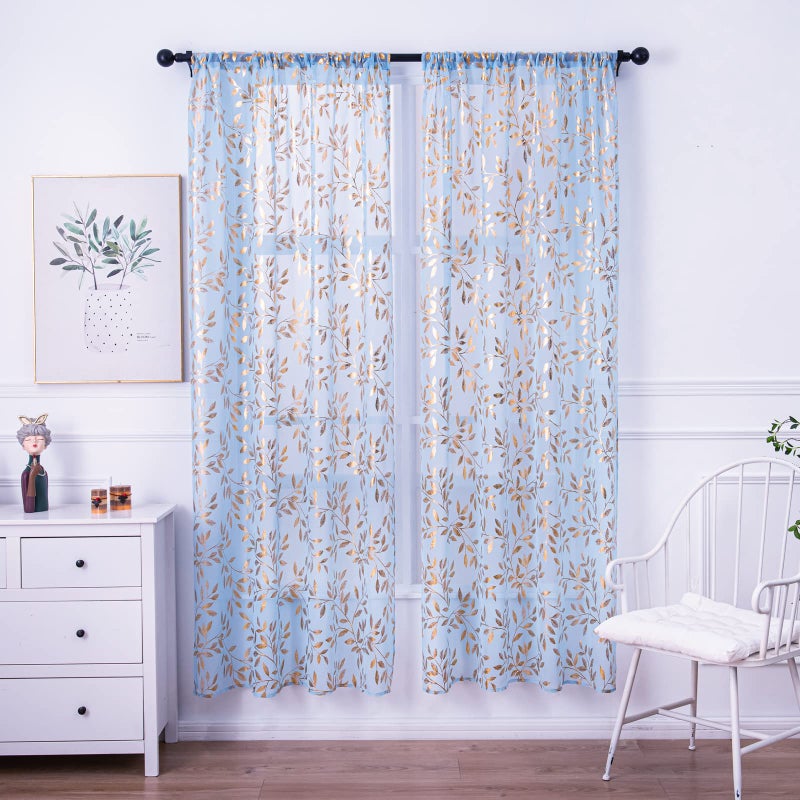 Deeprove Sheer Curtains 84 Inches Long 2 Panels Set  Gold Foil Print Metallic Vine Leaves Window Treatments for Bedroom  Bronzing Sparke Privacy Voile Drapes Pair  Rod Pocket  52"" W x 84"" L  Blue - Image 3