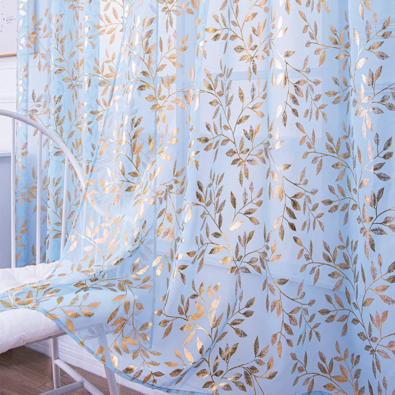 Deeprove Sheer Curtains 84 Inches Long 2 Panels Set  Gold Foil Print Metallic Vine Leaves Window Treatments for Bedroom  Bronzing Sparke Privacy Voile Drapes Pair  Rod Pocket  52"" W x 84"" L  Blue - Image 4