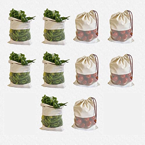 Fab Ellite Cotton Vegetable Bags Fridge Storage Bag Sabji Fruits Pouch Refrigerator Produce bags Clothe Muslin Reusable Washable with Drawstrings (Beige, Pack of 10) - Image 1