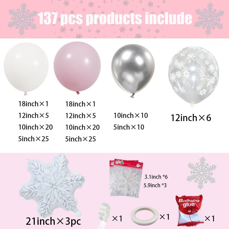 besttideyes 143 Pcs Pink Winter Wonderland Balloon Garland Arch Kit, Pink White Silver Snowflake Balloon for Snowflake Party, Cold Outside Decor, Christmas Princess Girl,Princess Shower Birthday Party - Image 4